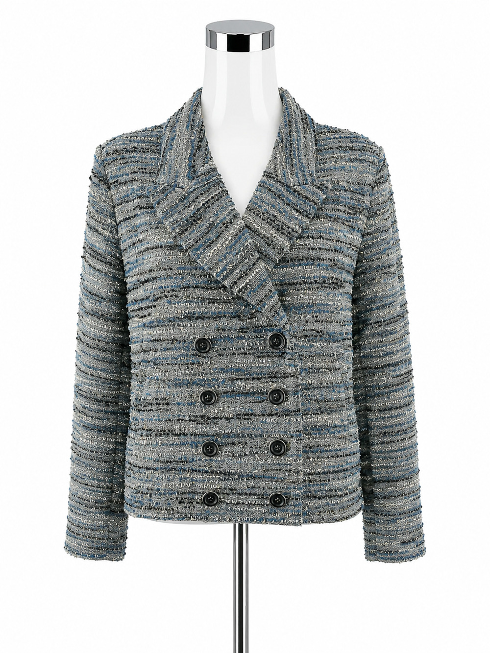 Cabi Thespian Jacket Blue Black Bouclé Tweed Double Breasted Blazer Medium